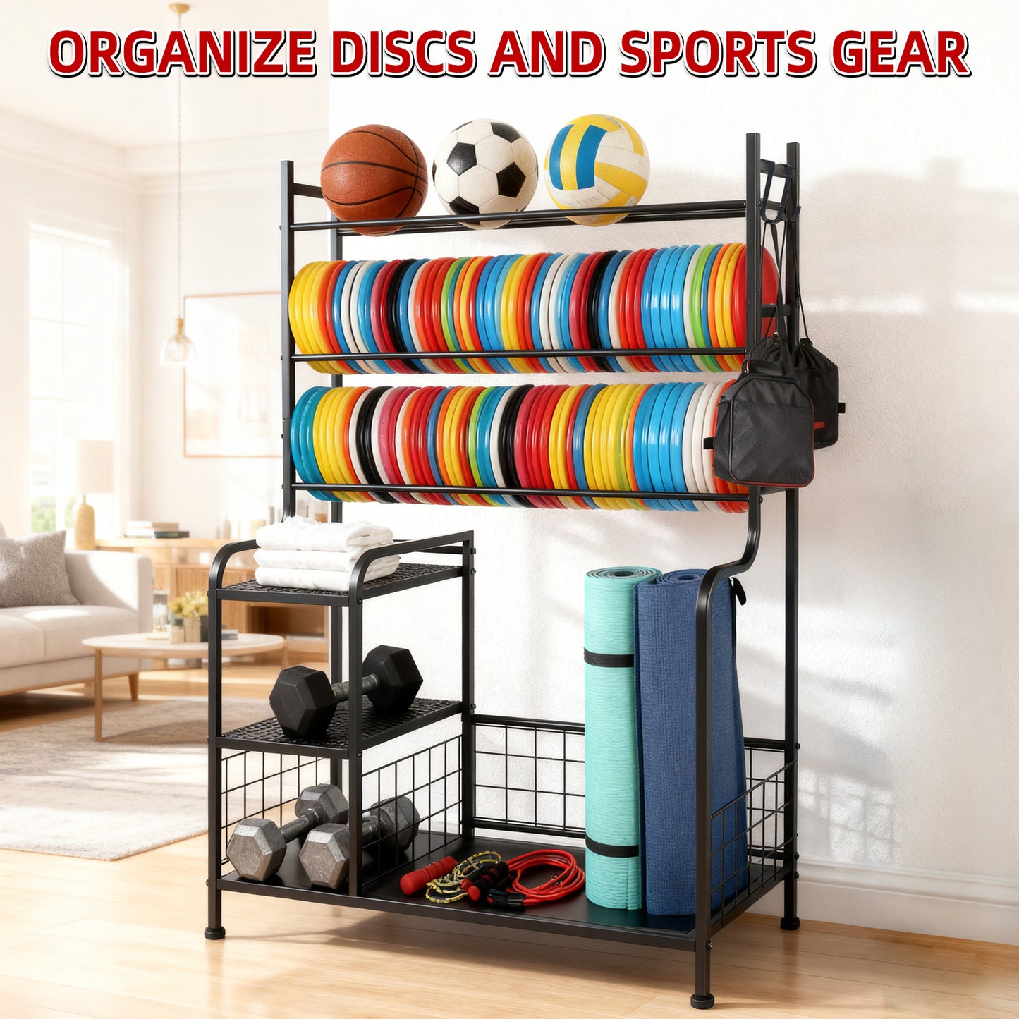 Disc Golf Storage Rack, Large Capacity Metal Organizer with Hooks for Sports Equipment, Holds 140+ Discs