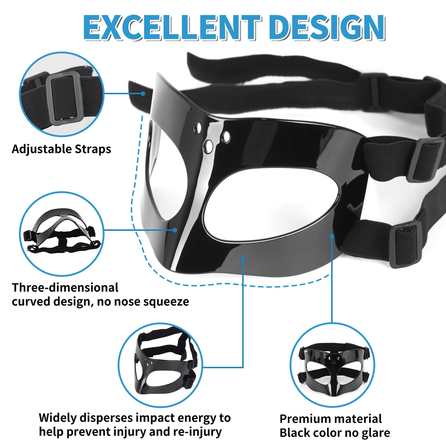 QK02 Nose Guard for Broken Nose, Basketball Face Mask, Sports Face Mask for Men and Women, Adjustable for Adults and Teenagers - Black
