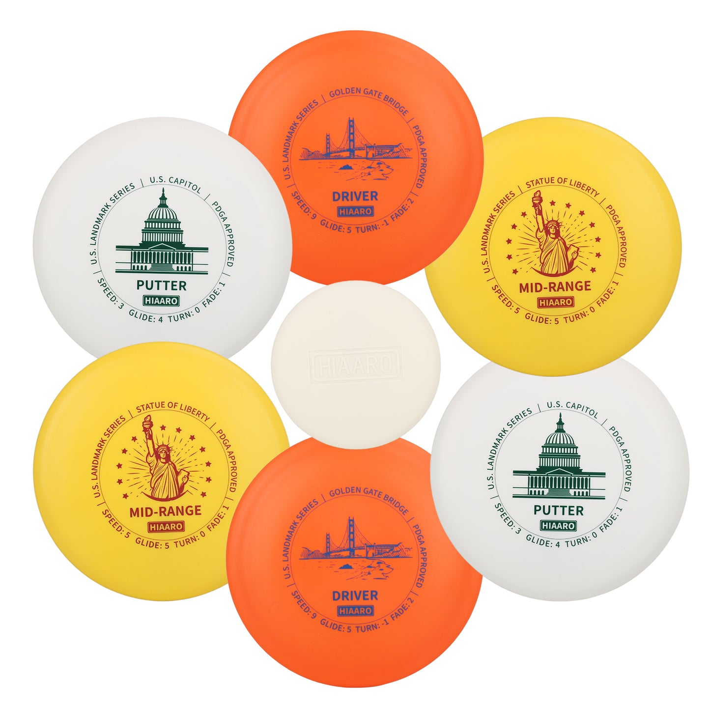 Disc Golf Starter Discs Set | U.S. Landmark Series | 150 Class, 145-150g | PDGA Approved | Include 2*Driver 2*Mid-Range 2*Putter 1*Mini Marker