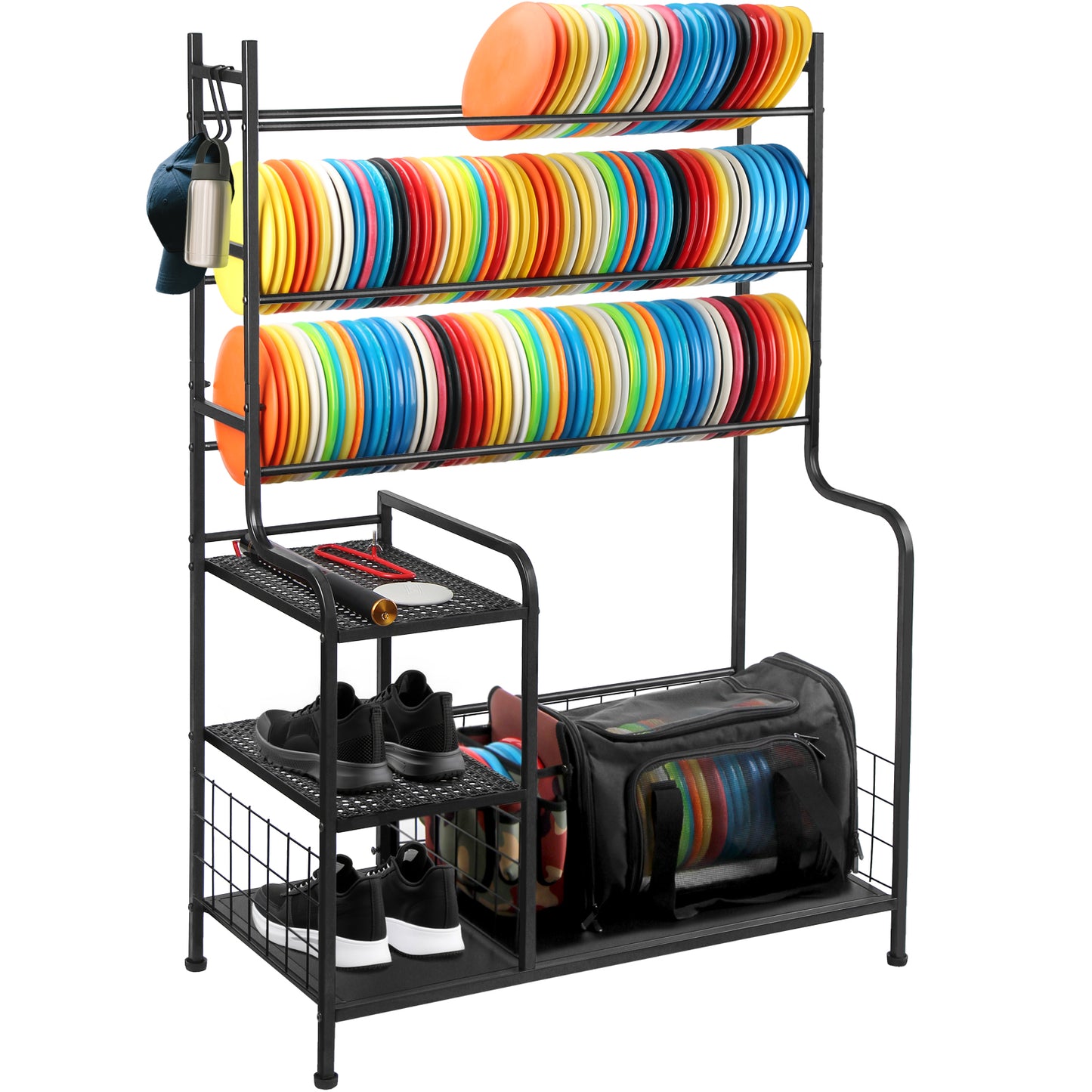 Disc Golf Storage Rack, Large Capacity Metal Organizer with Hooks for Sports Equipment, Holds 140+ Discs