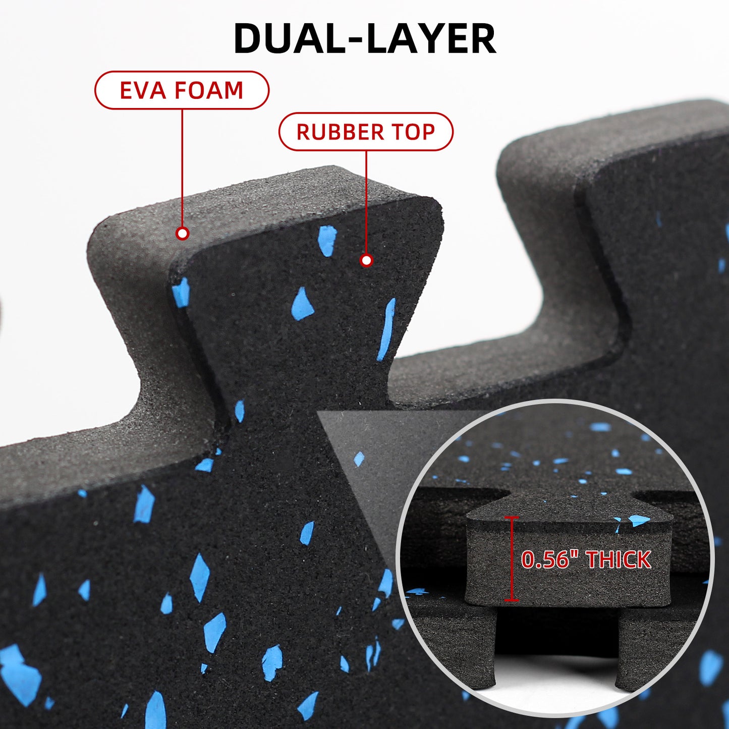 HIAARO 0.56in Thick 48 Sq Ft Exercise Equipment Mats, 12 Tiles Rubber Top EVA Foam Workout Mats, Interlocking Gym Flooring for Home Gym, 24 x 24in, Black & Blue