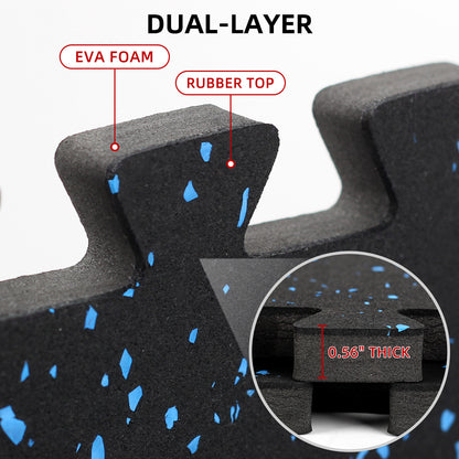 HIAARO 0.56in Thick 48 Sq Ft Exercise Equipment Mats, 12 Tiles Rubber Top EVA Foam Workout Mats, Interlocking Gym Flooring for Home Gym, 24 x 24in, Black & Blue