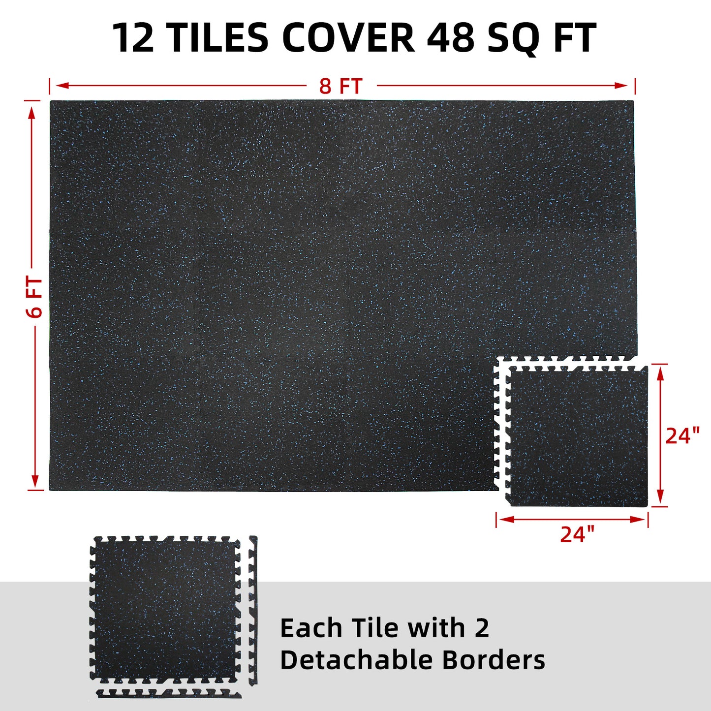 HIAARO 0.56in Thick 48 Sq Ft Exercise Equipment Mats, 12 Tiles Rubber Top EVA Foam Workout Mats, Interlocking Gym Flooring for Home Gym, 24 x 24in, Black & Blue