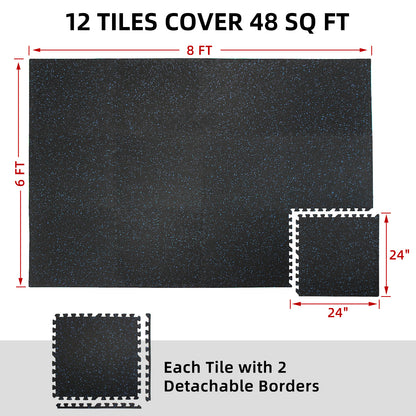 HIAARO 0.56in Thick 48 Sq Ft Exercise Equipment Mats, 12 Tiles Rubber Top EVA Foam Workout Mats, Interlocking Gym Flooring for Home Gym, 24 x 24in, Black & Blue