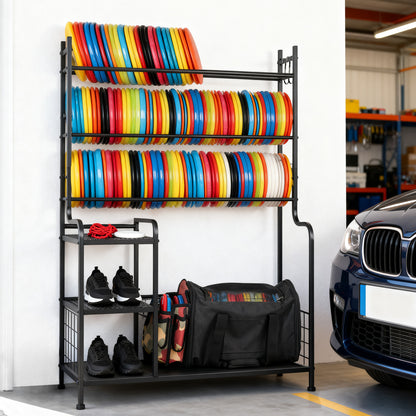 Disc Golf Storage Rack, Large Capacity Metal Organizer with Hooks for Sports Equipment, Holds 140+ Discs