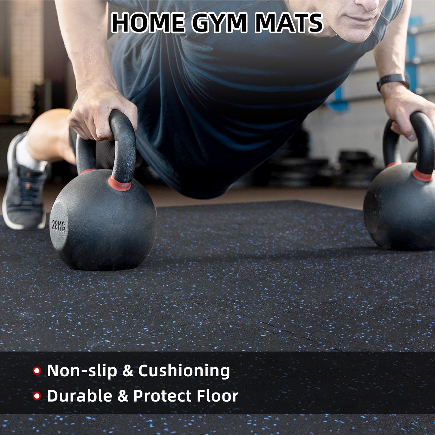 HIAARO 0.56in Thick 48 Sq Ft Exercise Equipment Mats, 12 Tiles Rubber Top EVA Foam Workout Mats, Interlocking Gym Flooring for Home Gym, 24 x 24in, Black & Blue