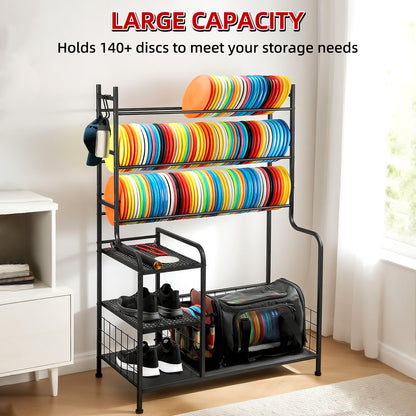 Disc Golf Storage Rack, Large Capacity Metal Organizer with Hooks for Sports Equipment, Holds 140+ Discs
