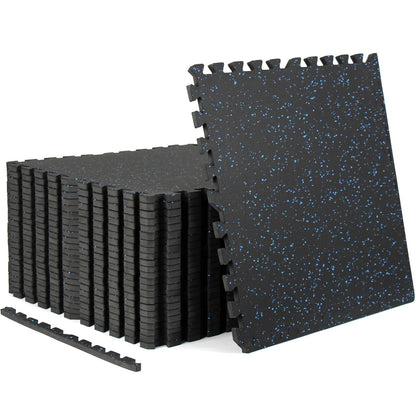 HIAARO 0.56in Thick 96 Sq Ft Exercise Equipment Mats, 24 Tiles Rubber Top EVA Foam Workout Mats, Interlocking Gym Flooring for Home Gym, 24 x 24in, Black & Blue