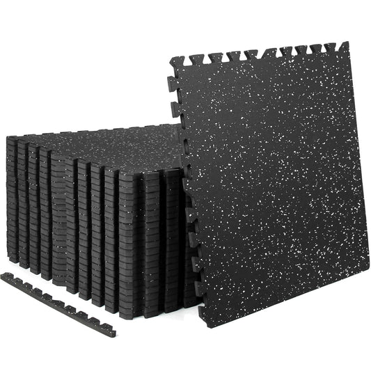 HIAARO 0.56in Thick 96 Sq Ft Exercise Equipment Mats, 24 Tiles Rubber Top EVA Foam Workout Mats, Interlocking Gym Flooring for Home Gym, 24 x 24in, Black & White