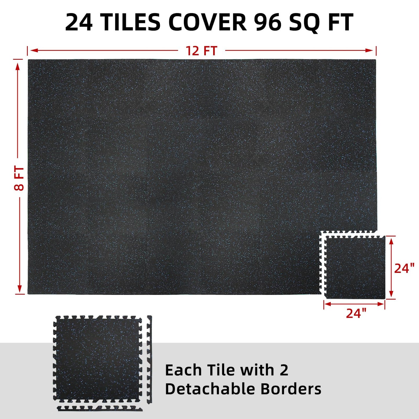 HIAARO 0.56in Thick 96 Sq Ft Exercise Equipment Mats, 24 Tiles Rubber Top EVA Foam Workout Mats, Interlocking Gym Flooring for Home Gym, 24 x 24in, Black & Blue