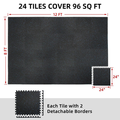 HIAARO 0.56in Thick 96 Sq Ft Exercise Equipment Mats, 24 Tiles Rubber Top EVA Foam Workout Mats, Interlocking Gym Flooring for Home Gym, 24 x 24in, Black & Blue