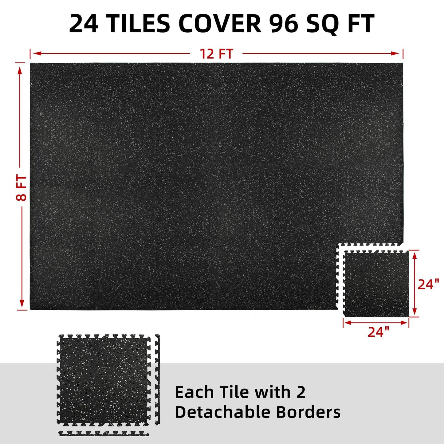 HIAARO 0.56in Thick 96 Sq Ft Exercise Equipment Mats, 24 Tiles Rubber Top EVA Foam Workout Mats, Interlocking Gym Flooring for Home Gym, 24 x 24in, Black & White