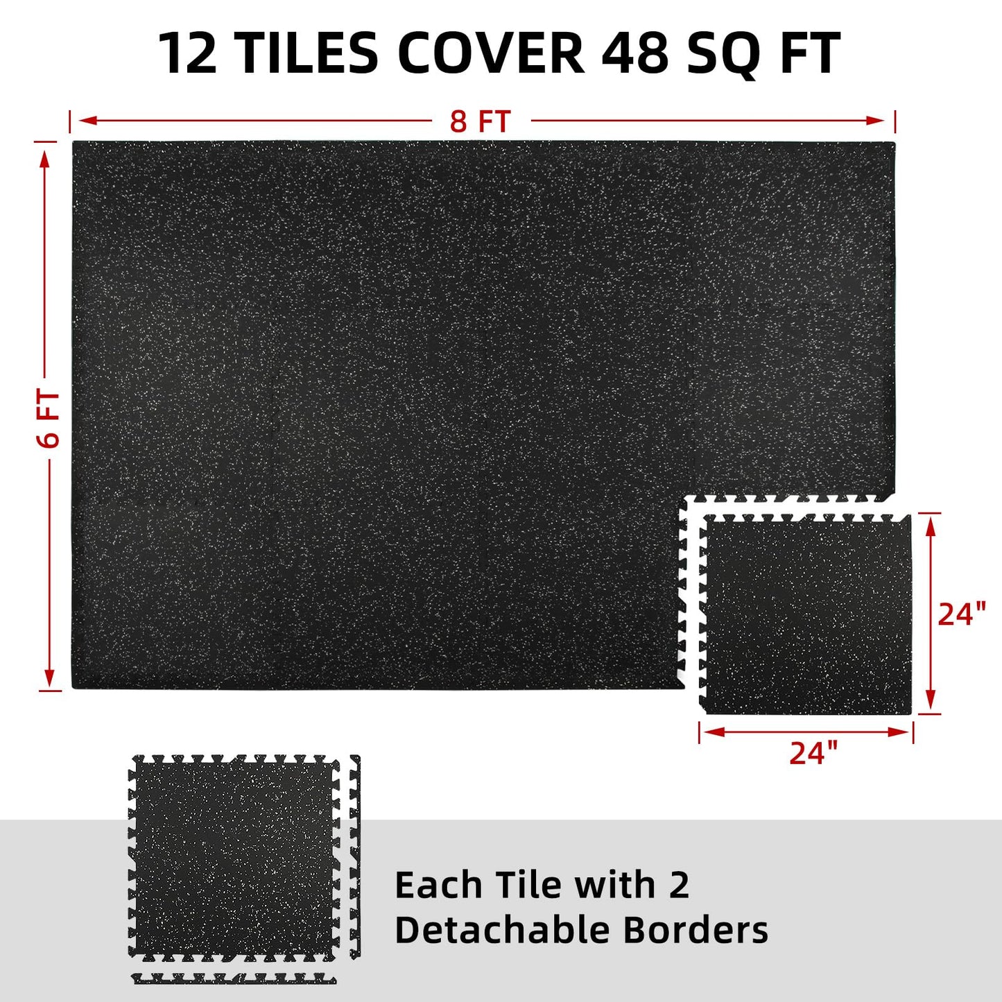 HIAARO 0.79in Extra-Thick 48 Sq Ft Exercise Equipment Mats, 12 Tiles Rubber Top EVA Foam Workout Mats, Interlocking Gym Flooring for Home Gym, 24 x 24in, Black & White